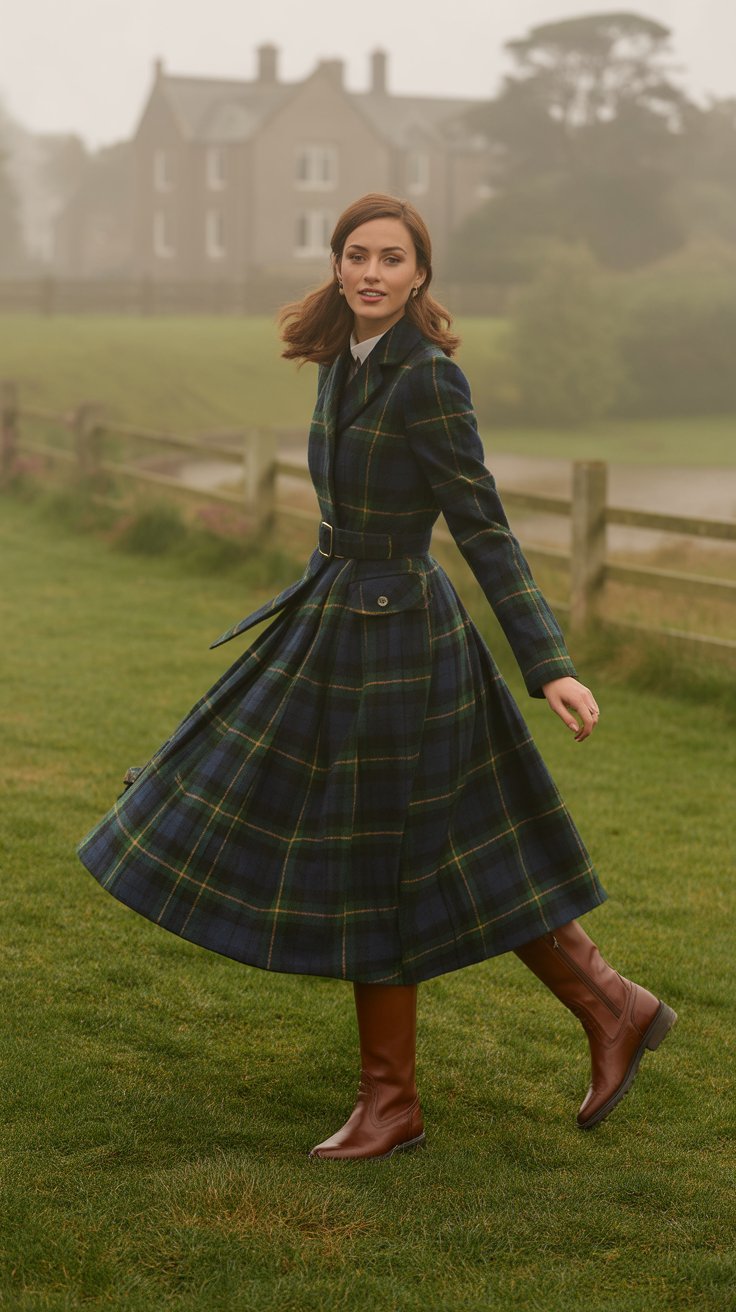 Choose a Blackwatch plaid wool-blend dress with a defined waist