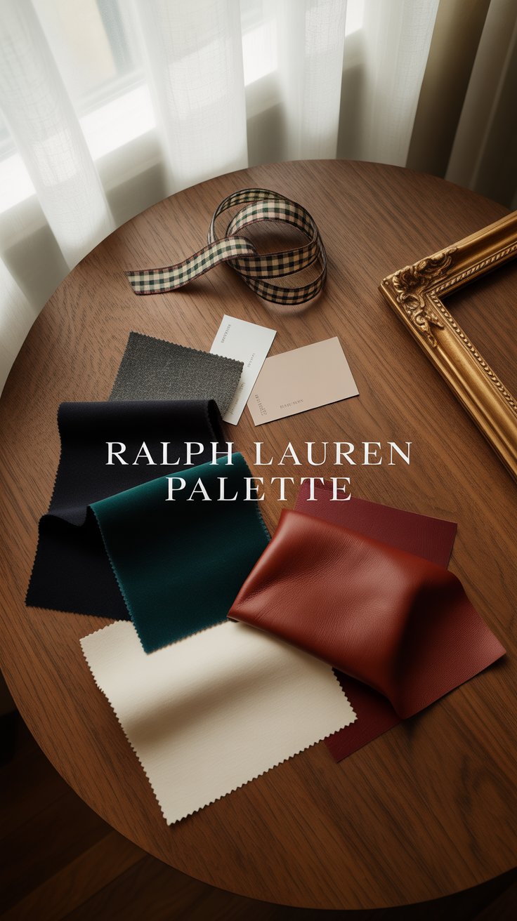 A Ralph Lauren palette is narrow on purpose: black and ivory as your base, a single deep tone (hunter green, navy, or oxblood) for warmth, and a whisper of plaid.