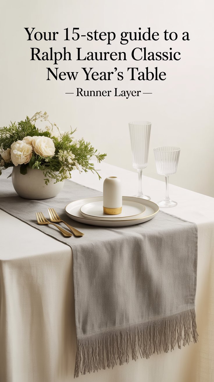 A stone-gray linen runner anchors the centerpiece lane. Its 14-inch width leaves plate edges exposed; proportions feel airy, not cramped