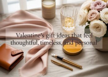 Flat lay of assorted timeless Valentine’s gifts with blog-title text overlay.