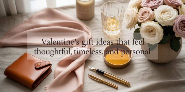 Flat lay of assorted timeless Valentine’s gifts with blog-title text overlay.
