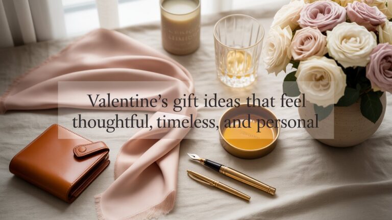 Flat lay of assorted timeless Valentine’s gifts with blog-title text overlay.