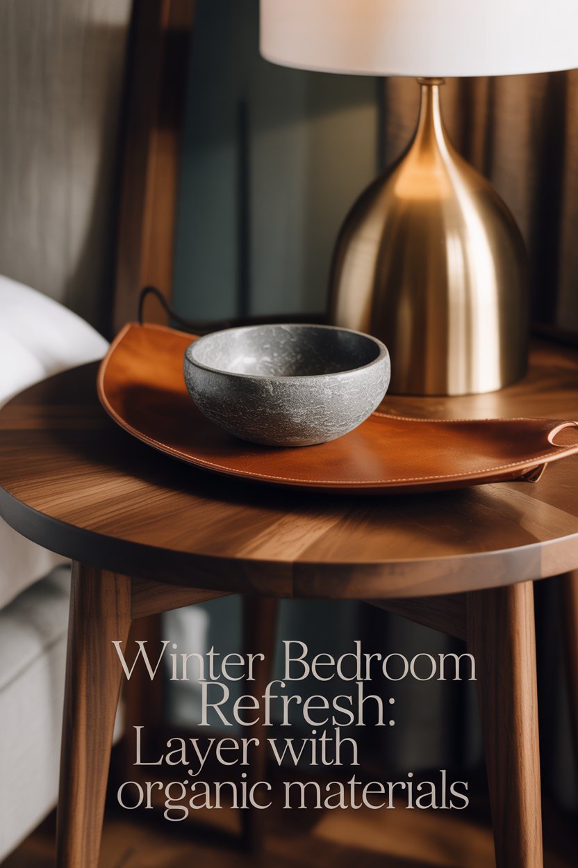 Blend walnut wood, cognac leather, matte stone, and brushed brass for quiet sophistication.