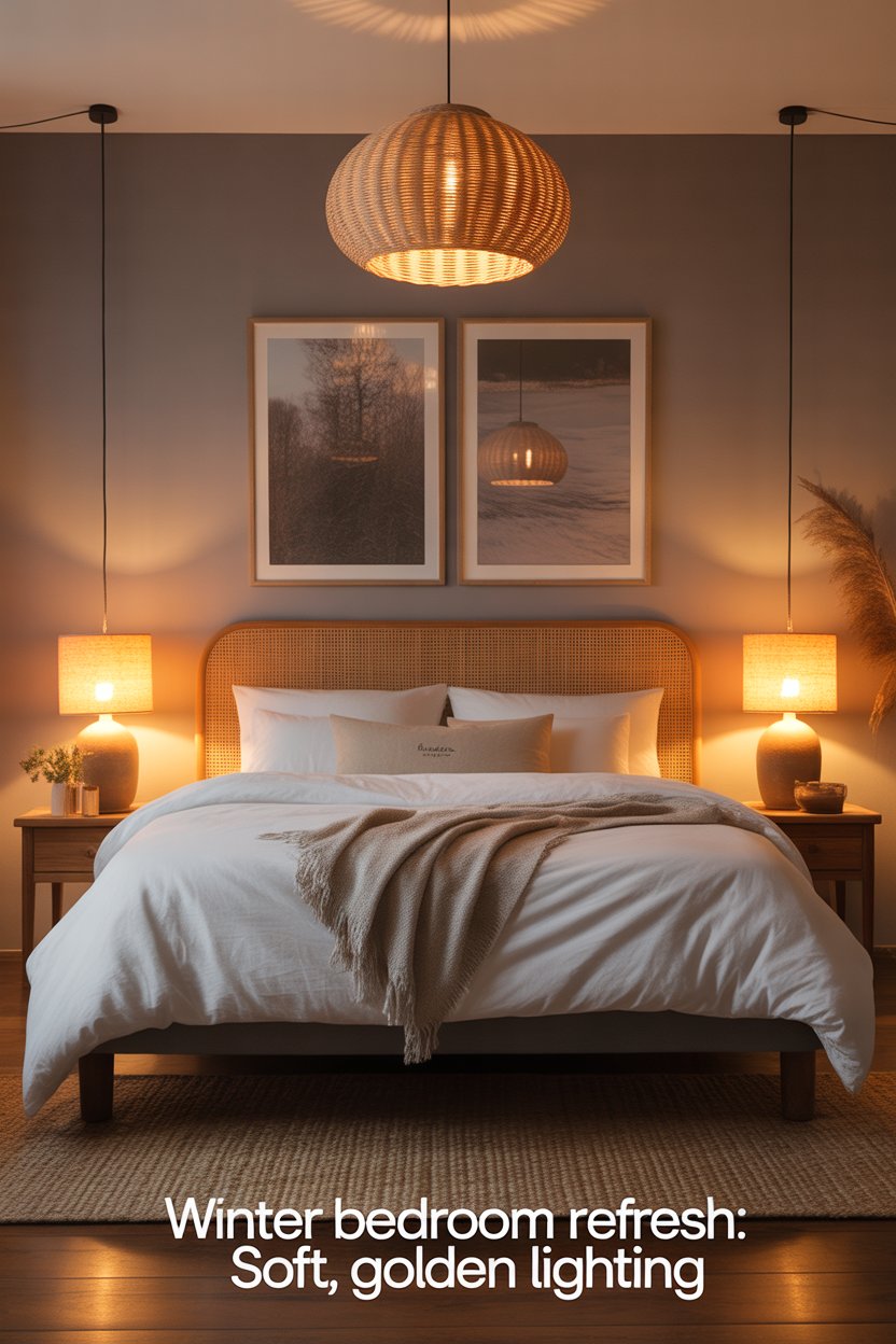 Swap icy LEDs for 2700 K amber bulbs, layer two bedside lamps with a woven pendant overhead, and sprinkle flameless candles for that fireplace flicker—lodge ambiance, zero smoke.