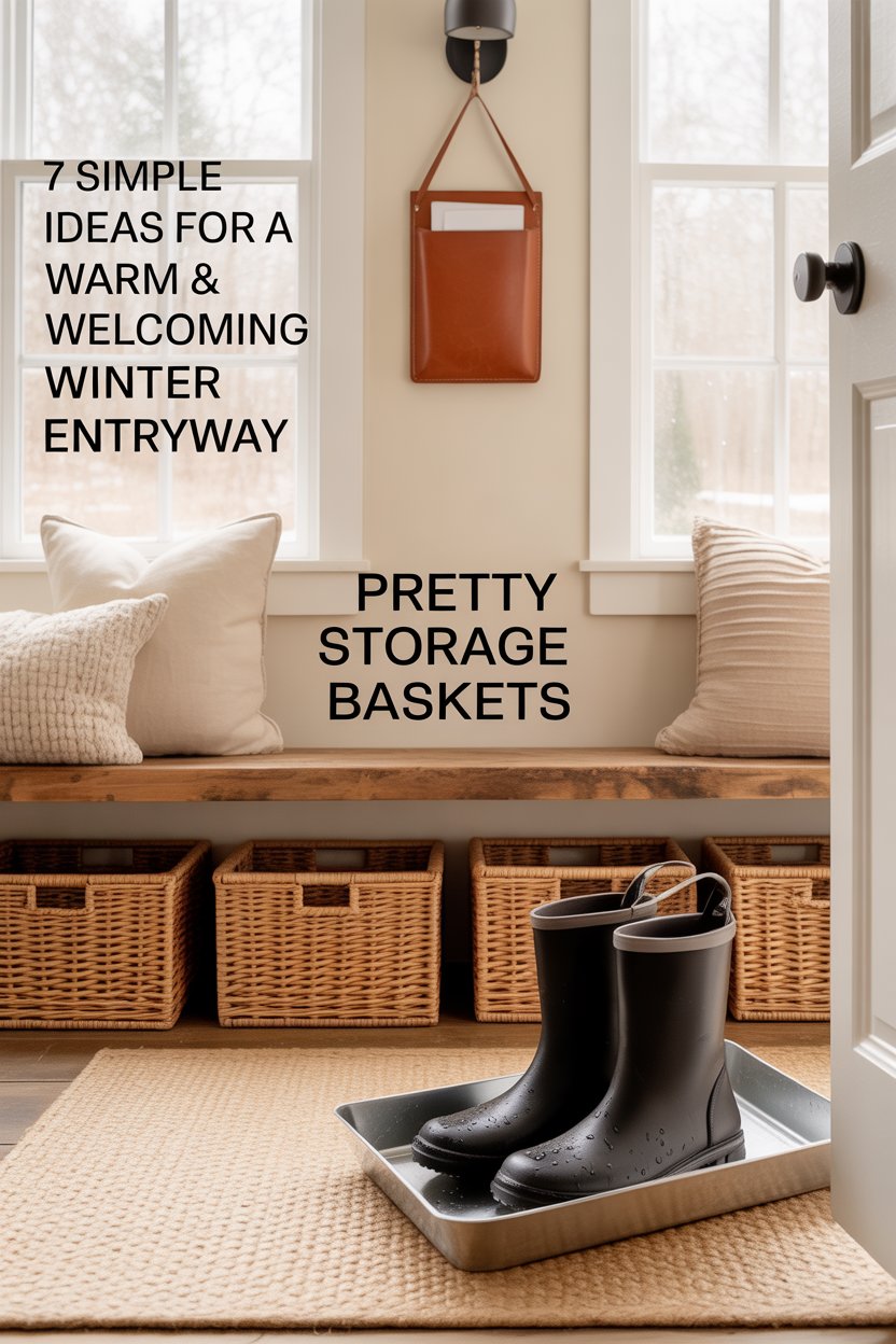 Slide seagrass baskets beneath the bench for hats, tuck a metal boot tray by the door, and hang a leather-slung wall pocket for mail.