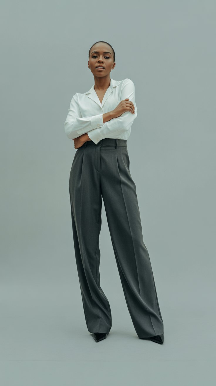 Trade flimsy leggings for sharply tailored wool-blend trousers in deep charcoal.