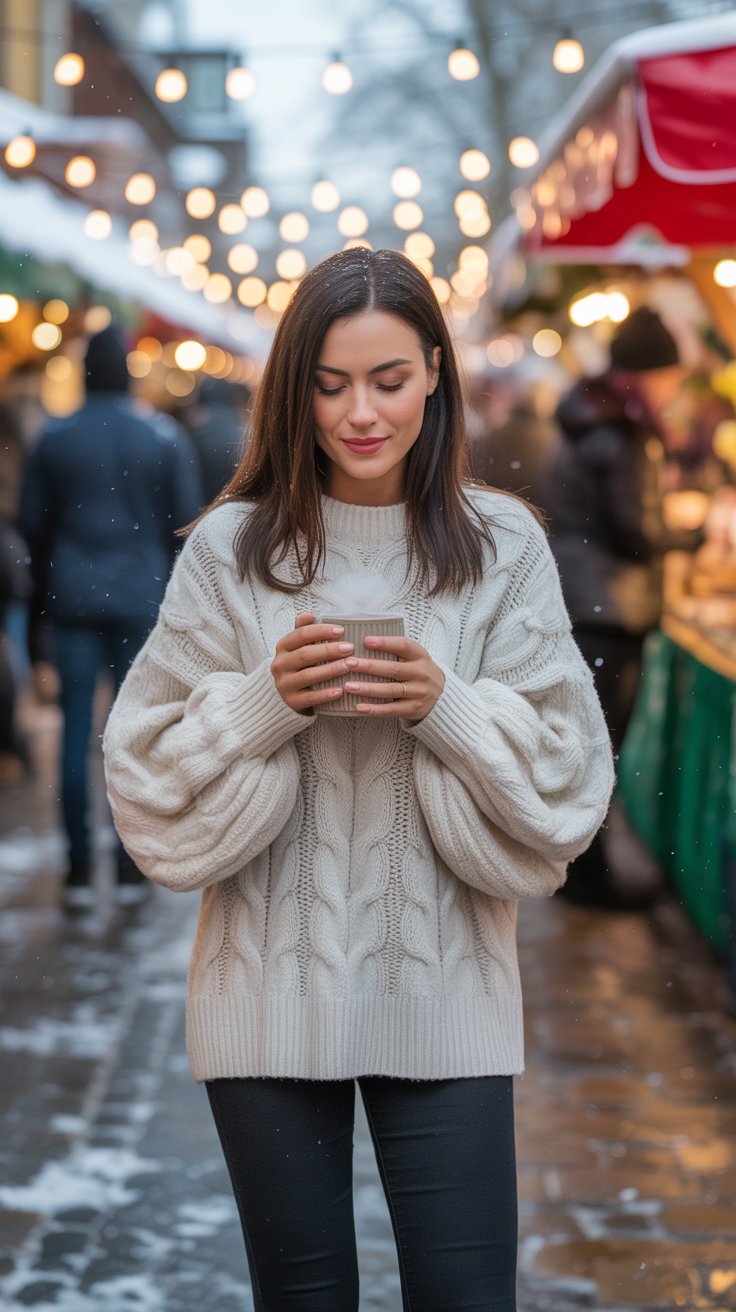 Go big and cozy with an ivory cable-knit that feels like a wearable blanket.