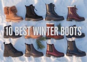 Flat-lay collage of the 10 best women’s winter boots—fur-trimmed, lace-up, Chelsea and waterproof styles—arranged on white snow with scattered pine sprigs.