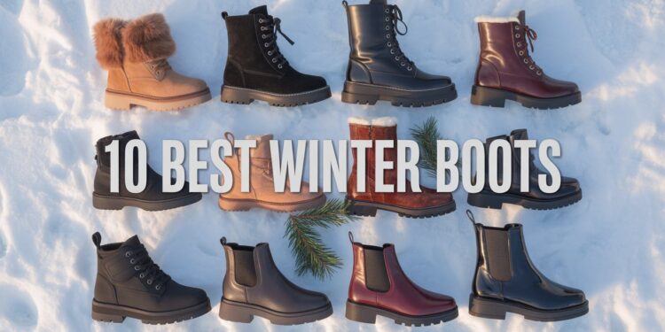 Flat-lay collage of the 10 best women’s winter boots—fur-trimmed, lace-up, Chelsea and waterproof styles—arranged on white snow with scattered pine sprigs.