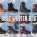Flat-lay collage of the 10 best women’s winter boots—fur-trimmed, lace-up, Chelsea and waterproof styles—arranged on white snow with scattered pine sprigs.