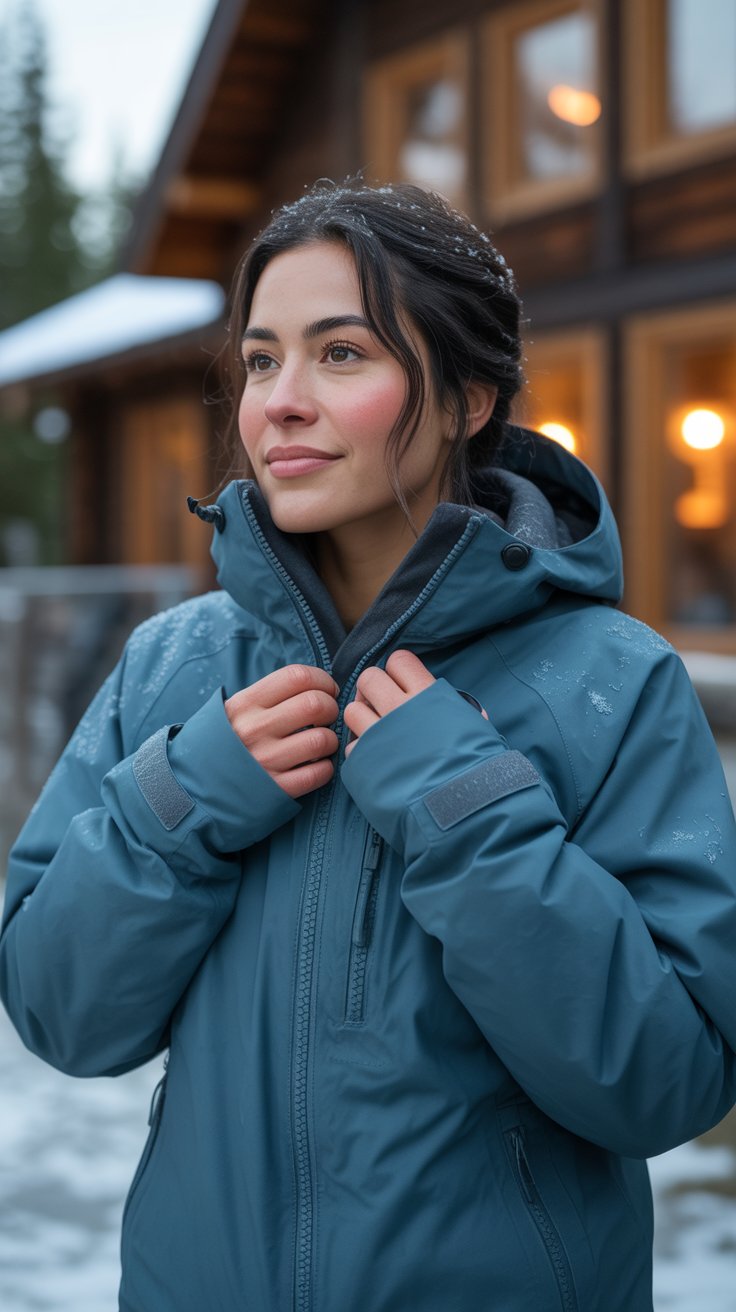  Everyday skier zips glacier-blue insulated jacket in falling snow outside a lodge.