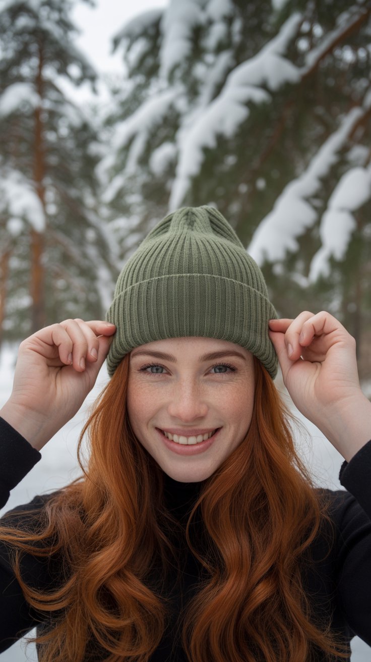 Smiling skier adjusts pine-green merino beanie amid snow-covered pines.