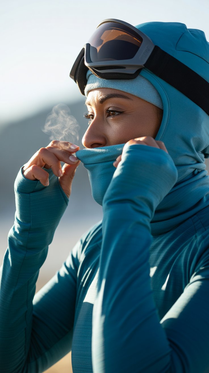 Woman pulls glacier-blue fleece neck gaiter into place on cold morning.