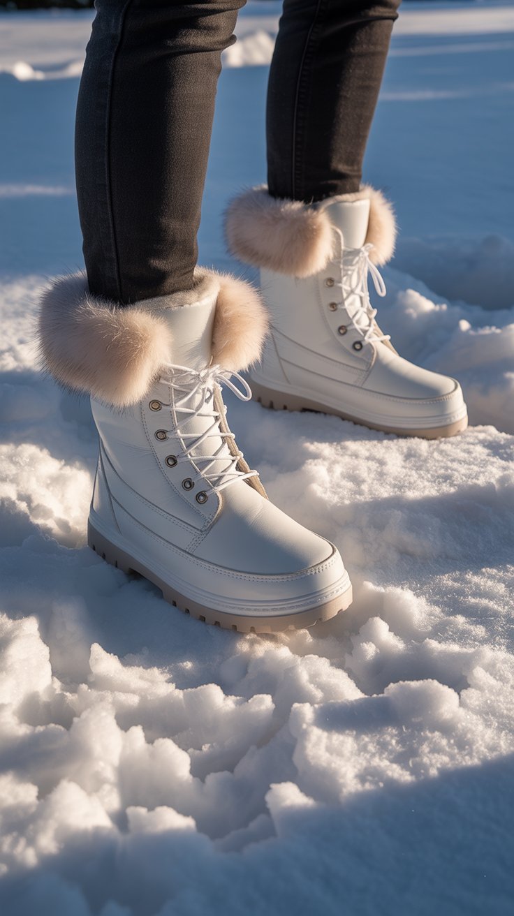 White faux-fur snow boots leave first footprints in fresh powder.