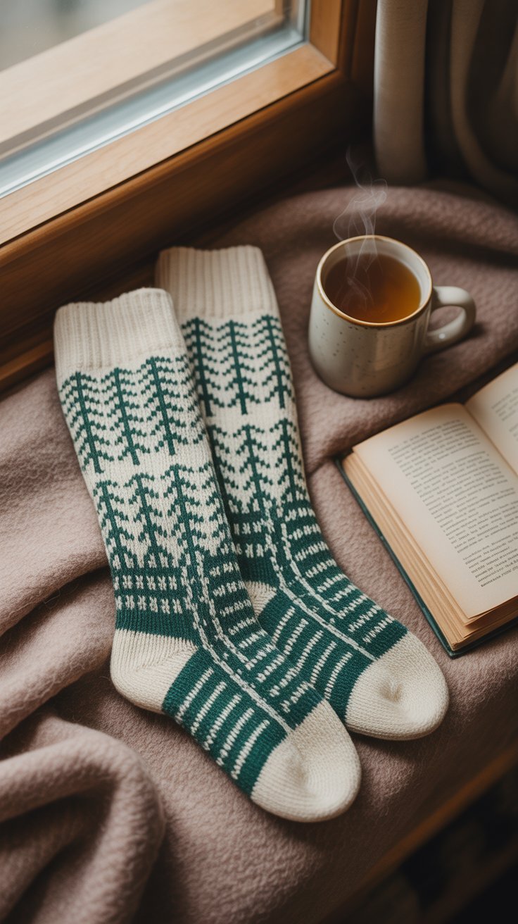 Alpine-print merino ski socks arranged beside tea and book.