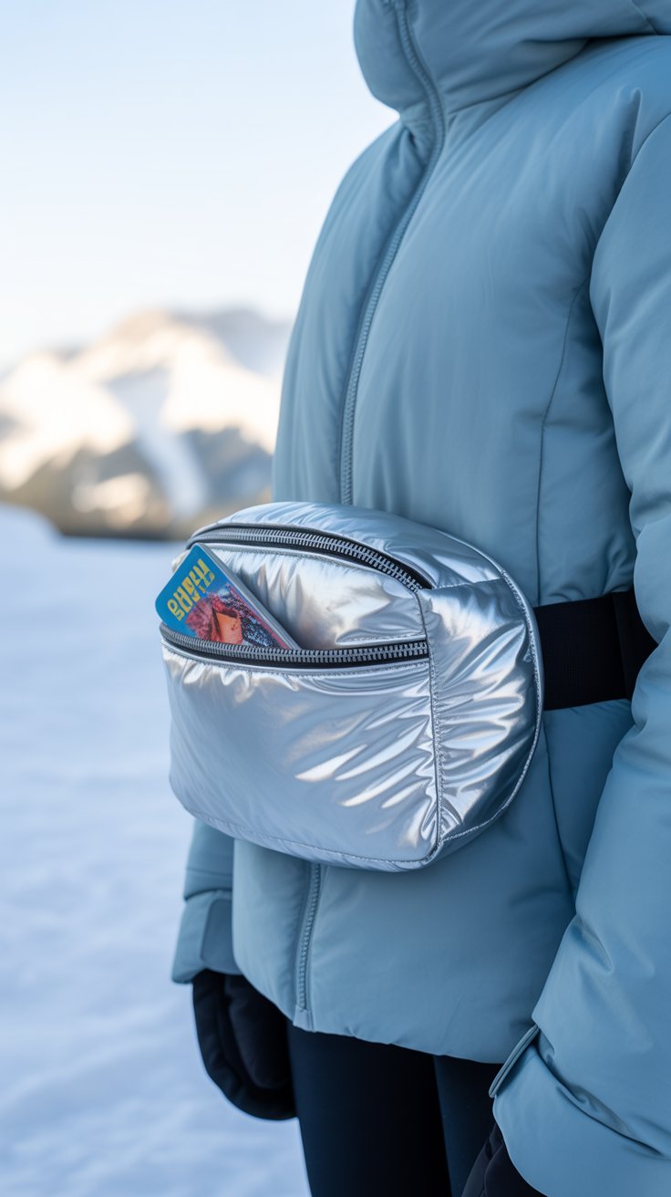 Silver puffer belt bag worn over ski jacket, lift ticket visible.
