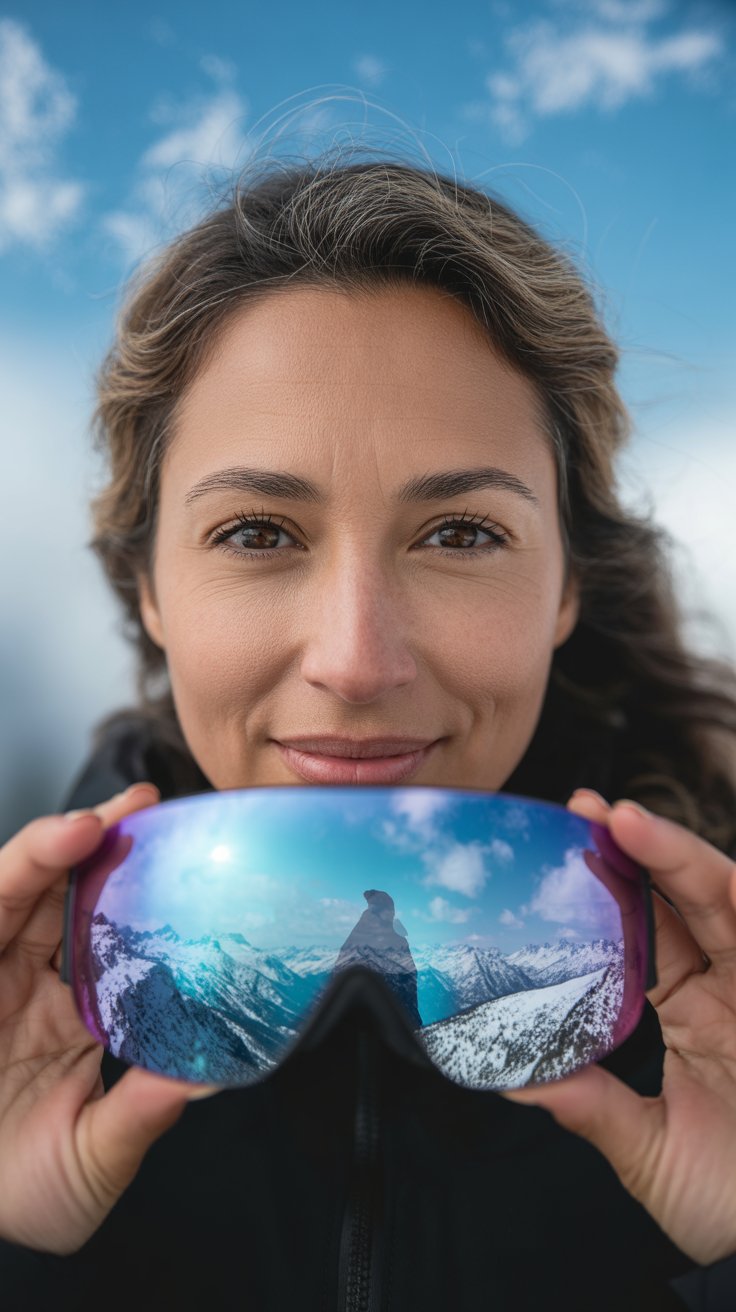 Woman presents ice-blue mirrored ski goggles reflecting alpine peaks.