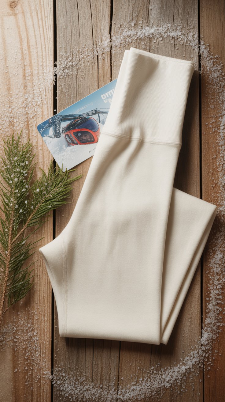 Folded white thermal leggings on wood with ski pass and pine sprig.