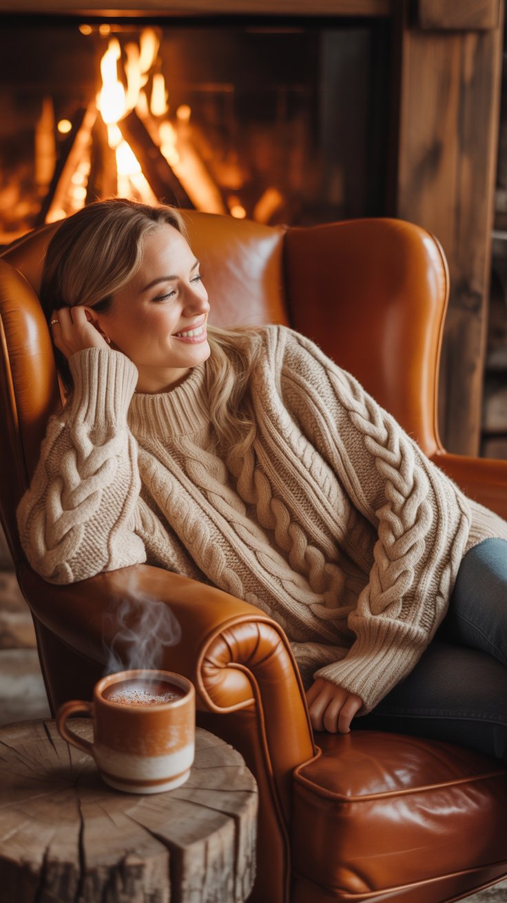 Chunky cream cable-knit sweater and cocoa by lodge fireplace.