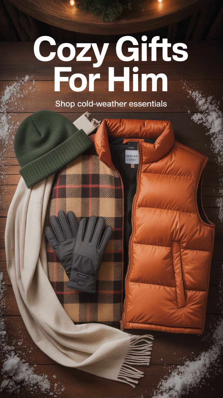 Flat-lay on dark wooden surface lightly dusted with snow showing a forest-green wool beanie, plaid insulated flannel shacket, charcoal tech gloves, burnt-orange puffer vest and cream cashmere scarf; overlay text says ‘Cozy Gifts for Him – Shop Cold-Weather Essentials’.”