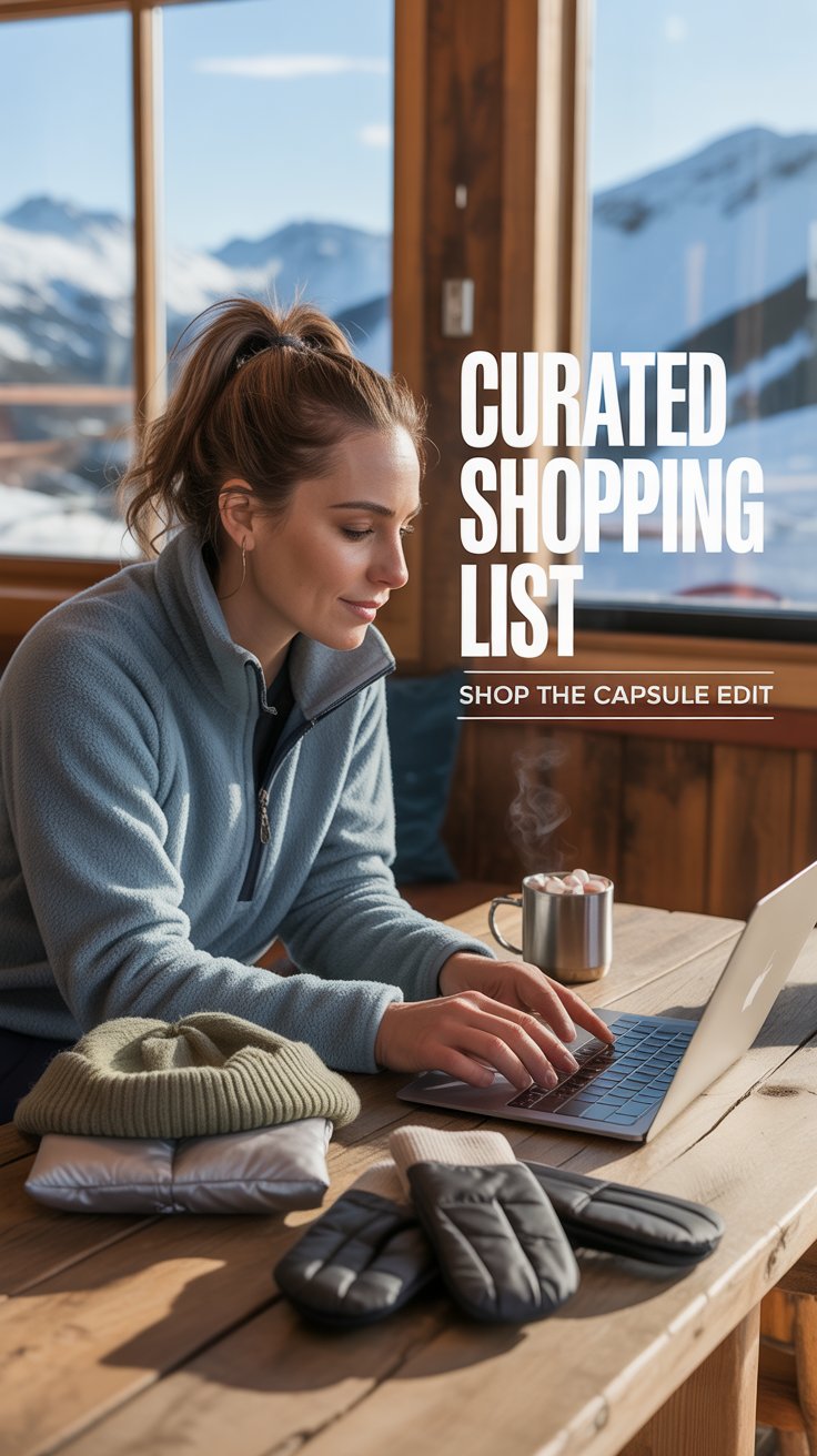 Everyday skier in glacier-blue fleece scrolls a ‘Ski Capsule Shopping List’ on her laptop at a lodge table, with overlay text reading ‘Curated Shopping List – Shop the Capsule Edit’.”