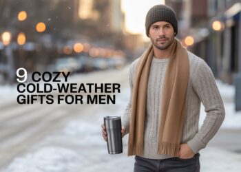 Man standing in a softly snowing city street at dusk, wearing an oatmeal chunky cable-knit sweater, camel cashmere scarf, charcoal rib-knit beanie and holding a matte-black thermal tumbler; overlay reads ‘9 Cozy Cold-Weather Gifts for Men’.