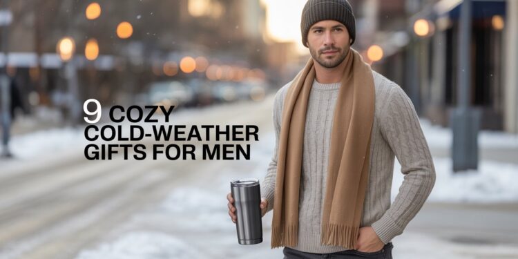 Man standing in a softly snowing city street at dusk, wearing an oatmeal chunky cable-knit sweater, camel cashmere scarf, charcoal rib-knit beanie and holding a matte-black thermal tumbler; overlay reads ‘9 Cozy Cold-Weather Gifts for Men’.