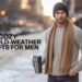 Man standing in a softly snowing city street at dusk, wearing an oatmeal chunky cable-knit sweater, camel cashmere scarf, charcoal rib-knit beanie and holding a matte-black thermal tumbler; overlay reads ‘9 Cozy Cold-Weather Gifts for Men’.