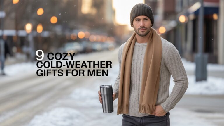 Man standing in a softly snowing city street at dusk, wearing an oatmeal chunky cable-knit sweater, camel cashmere scarf, charcoal rib-knit beanie and holding a matte-black thermal tumbler; overlay reads ‘9 Cozy Cold-Weather Gifts for Men’.