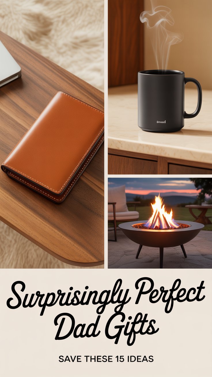 Pinterest pin collage featuring a leather wallet, smart mug, and fire-pit table with the text ‘Surprisingly Perfect Dad Gifts – Save These 15 Ideas.