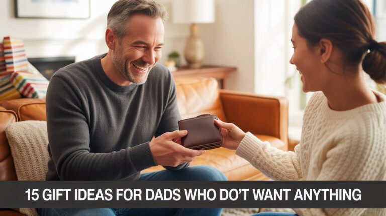 Father in a cozy living room joyfully opening a leather wallet gift from his child, with overlay text reading ‘15 Gift Ideas for Dads Who Don’t Want Anything.’