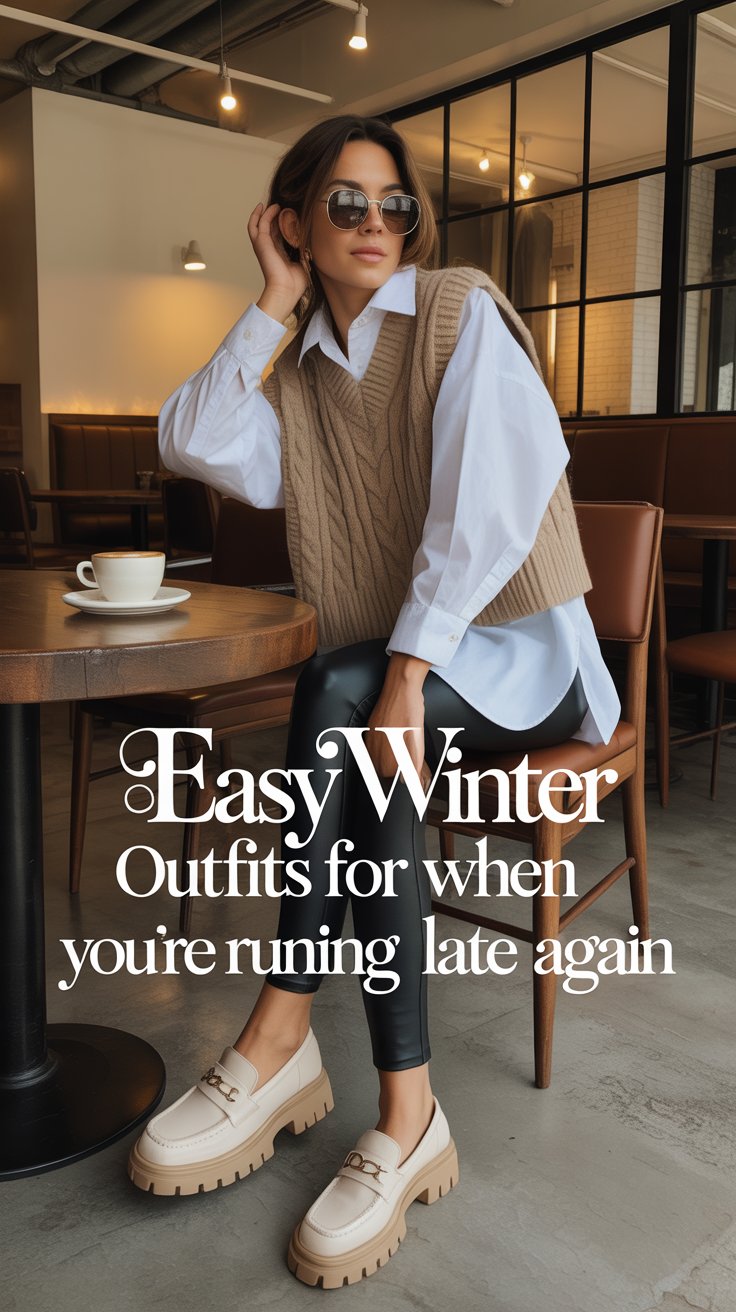 Button an oversized white oxford, then pop a cable-knit vest on top and let the shirttail peek out for instant layering cred.