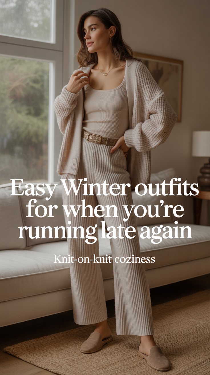 Layer a slouchy waffle-knit cardigan over a fitted ribbed tank, both in earthy taupe.