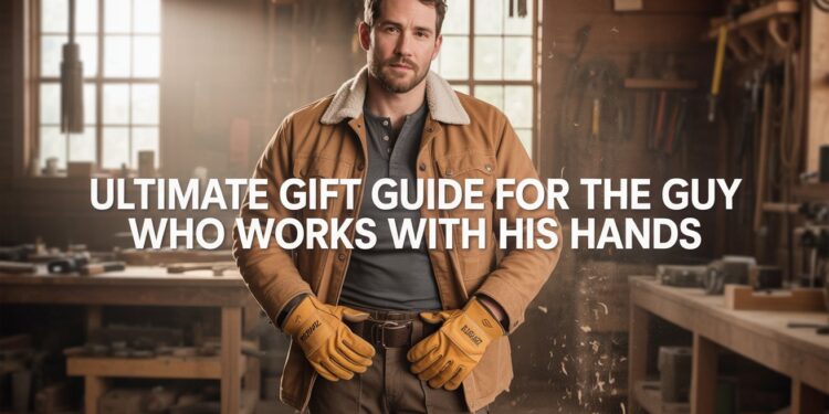 Man in waxed-canvas jacket and leather gloves standing in a workshop, surrounded by tools and wood shavings—visual for ‘Gift Guide for the Hands-On Guy.’