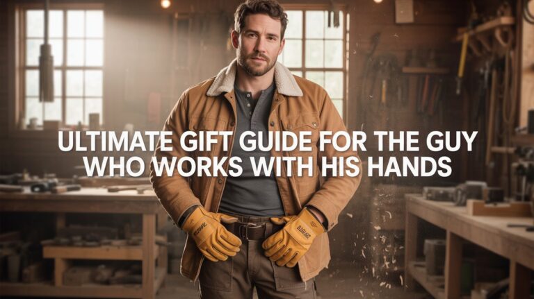 Man in waxed-canvas jacket and leather gloves standing in a workshop, surrounded by tools and wood shavings—visual for ‘Gift Guide for the Hands-On Guy.’