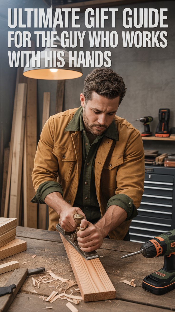 Vertical image of a craftsman planing wood in a workshop, wearing flannel, waxed-canvas jacket, and work boots—Pinterest hero for gifts that suit hands-on men.