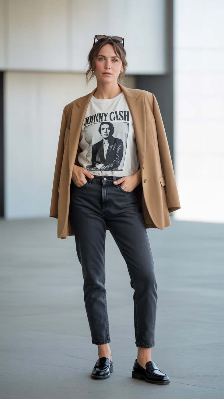 Elevate your graphic tee by tucking it neatly into high-waisted wool trousers in charcoal gray – the crisp wool texture contrasts beautifully with the tee's soft cotton jersey, creating a 1/3 top to 2/3 bottom proportion for instant elongation.