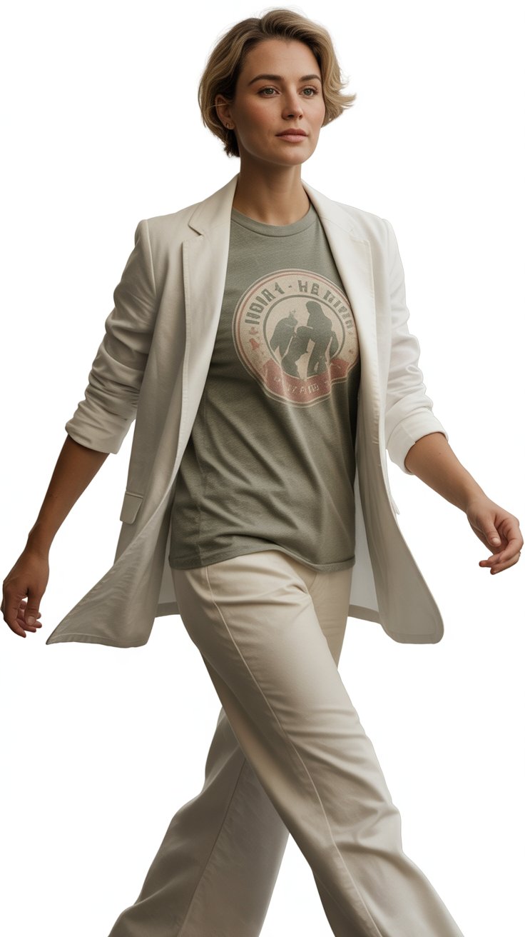 Go for a vintage band graphic in muted earth tones on heather gray cotton, letting subtle collar pop from the blazer in ivory. Roll the sleeves for texture play, achieving a boss-lady vibe that's equal parts fun and fierce.