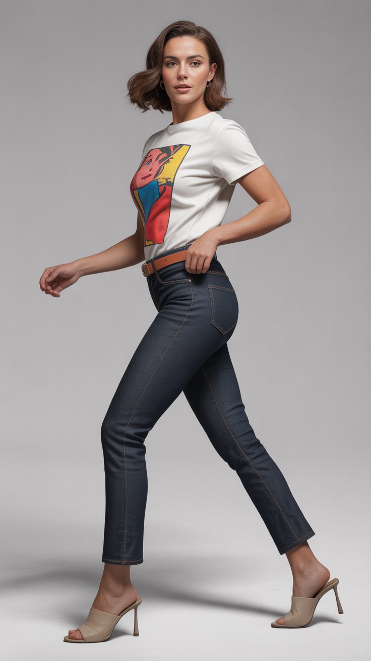 Choose a bold pop-art graphic in primary colors on crisp white cotton, balanced by the jeans' slim leg. Heeled mules add lift without fuss.