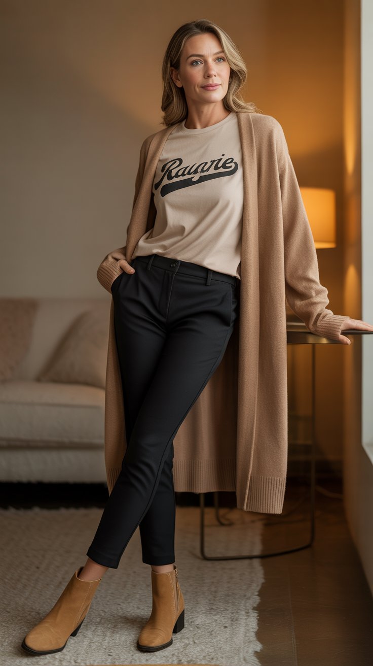 Select a retro slogan graphic in black on soft beige cotton for quiet cool. Ballet flats in suede keep it light.