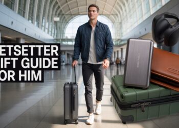 Man in midnight-navy packable jacket rolling a graphite carry-on through a bright glass airport terminal, travel gadgets visible