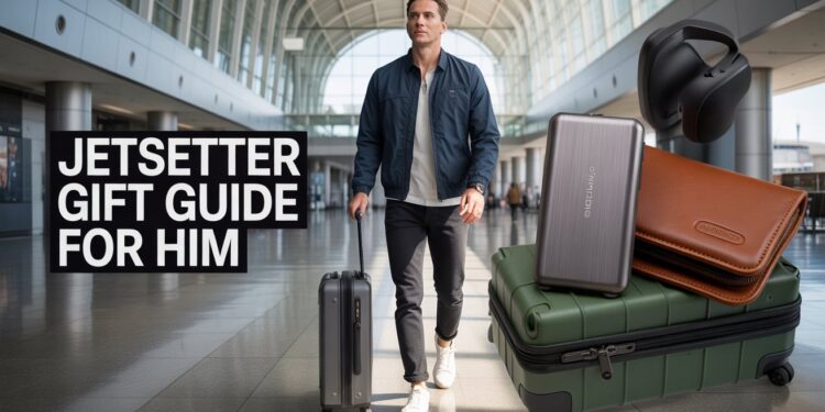 Man in midnight-navy packable jacket rolling a graphite carry-on through a bright glass airport terminal, travel gadgets visible