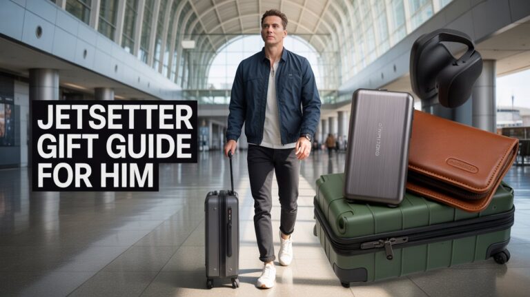 Man in midnight-navy packable jacket rolling a graphite carry-on through a bright glass airport terminal, travel gadgets visible