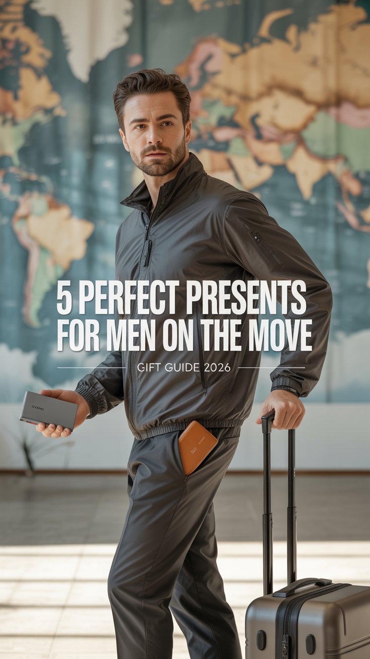 Full-length view of stylish traveler beside an open suitcase of neatly packed cubes, holding a slim power bank against a blurred world-map backdrop.