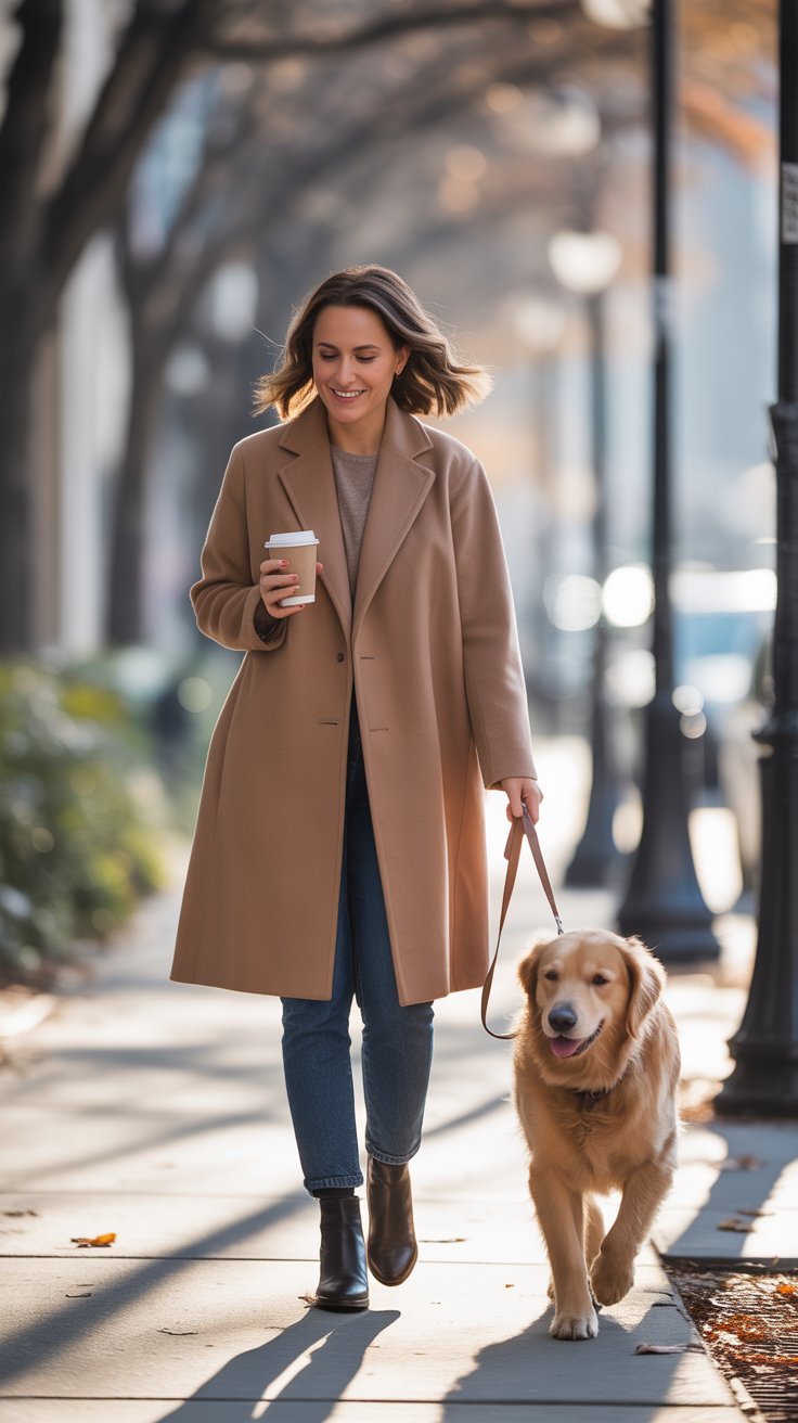 A double-faced, 100 % cashmere coat in camel, charcoal, or deep chocolate drapes like liquid luxury. 