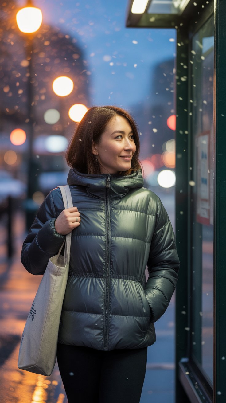 A matte-shell, waisted puffer in deep olive or black delivers ski-lodge warmth on city streets. Look for responsibly sourced down and a high funnel collar that frames chunky scarves.
