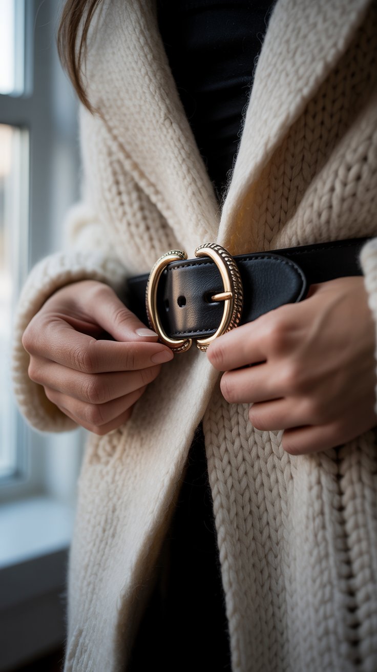 A wide, smooth leather belt with a polished gold or covered buckle defines winter layers instantly. 