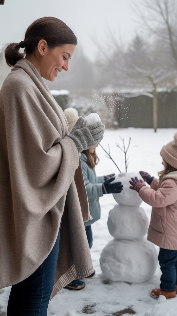 A 28" × 80" fringed wrap in heather grey, camel, or winter white cocoons necks and doubles as a plane blanket. The lofty knit softens strict lines of tailored coats.