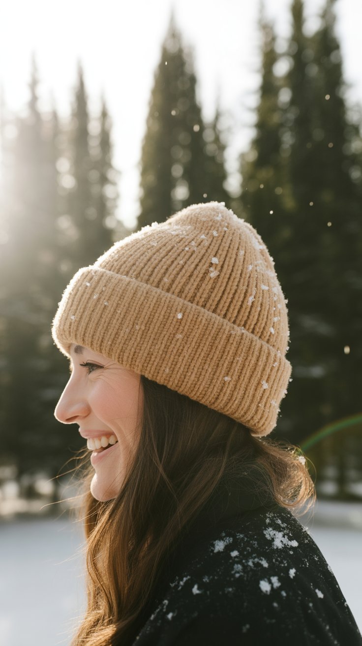 An extra-fine rib knit in oatmeal, charcoal, or jet black frames the face without flattening hair. The soft cuff can be folded to vary coverage, and a touch of cashmere keeps ears cozy without itch.