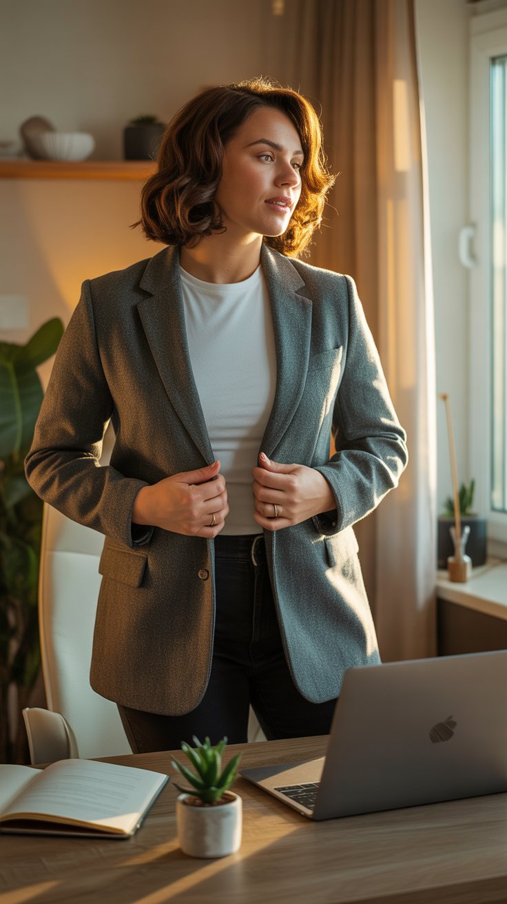 A luxe blazer in heather grey or espresso instantly polishes knits, leather leggings, or even joggers. 